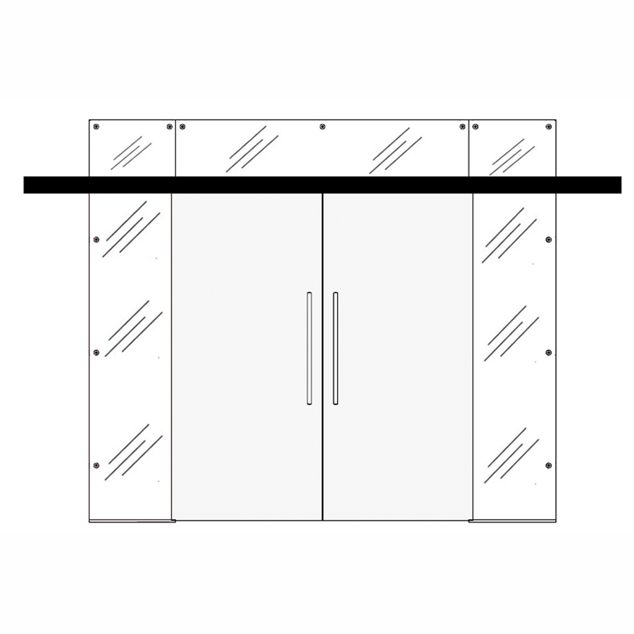 Wooden double sliding doors with side and top panels 